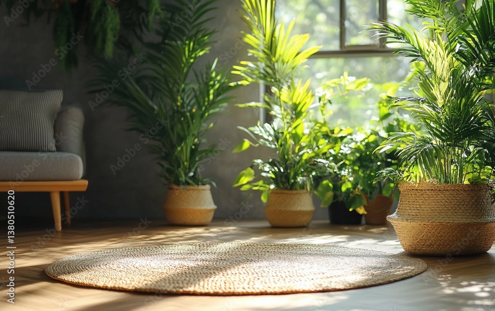 Fototapeta premium Sunlit Palms Woven Rug and Indoor Jungle Oasis