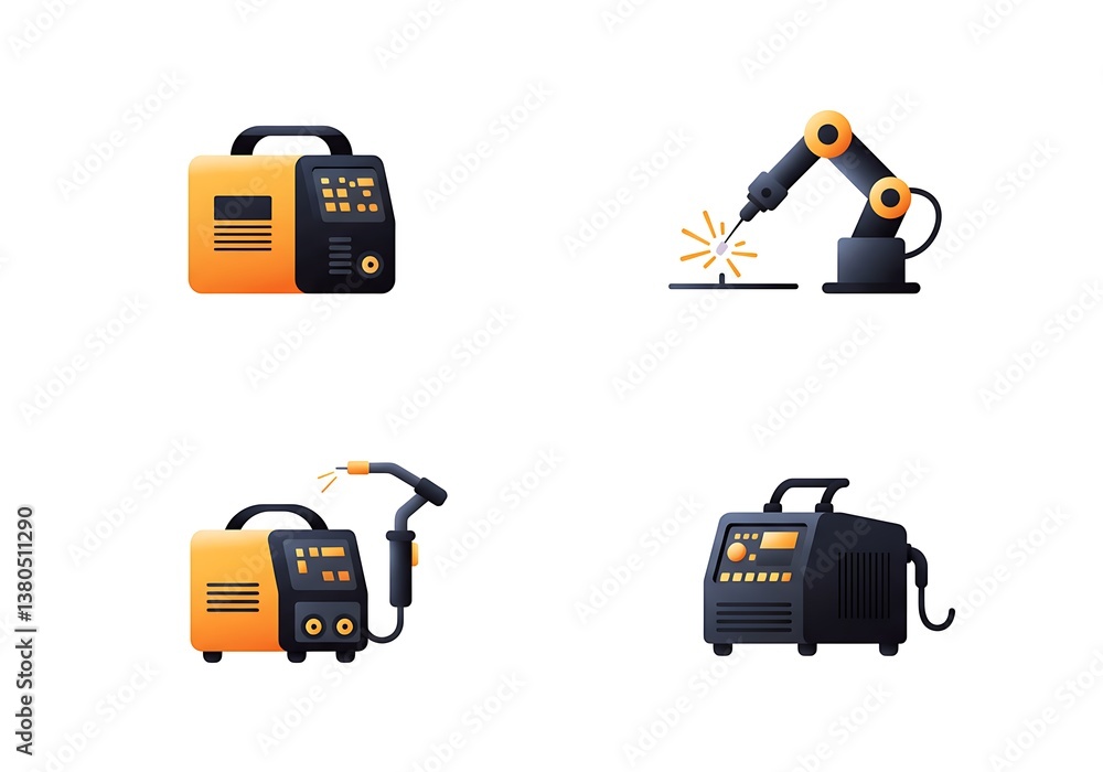 Various Welding Machines and an Industrial Robot Arm Illustration Various Welding Machines and an Industrial Robot Arm Illustration