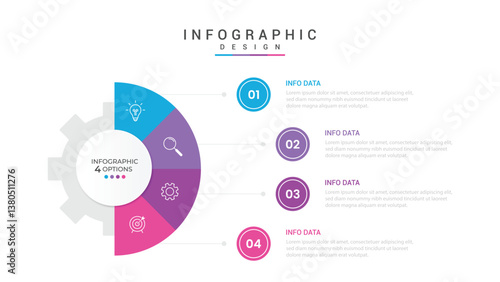 infographic 4 point stage template with gear shape on half circle vertical for slide presentation vector