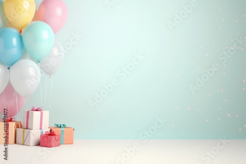 Balloons and gifts background. Birthday greetings, anniversaries, cards, etc.