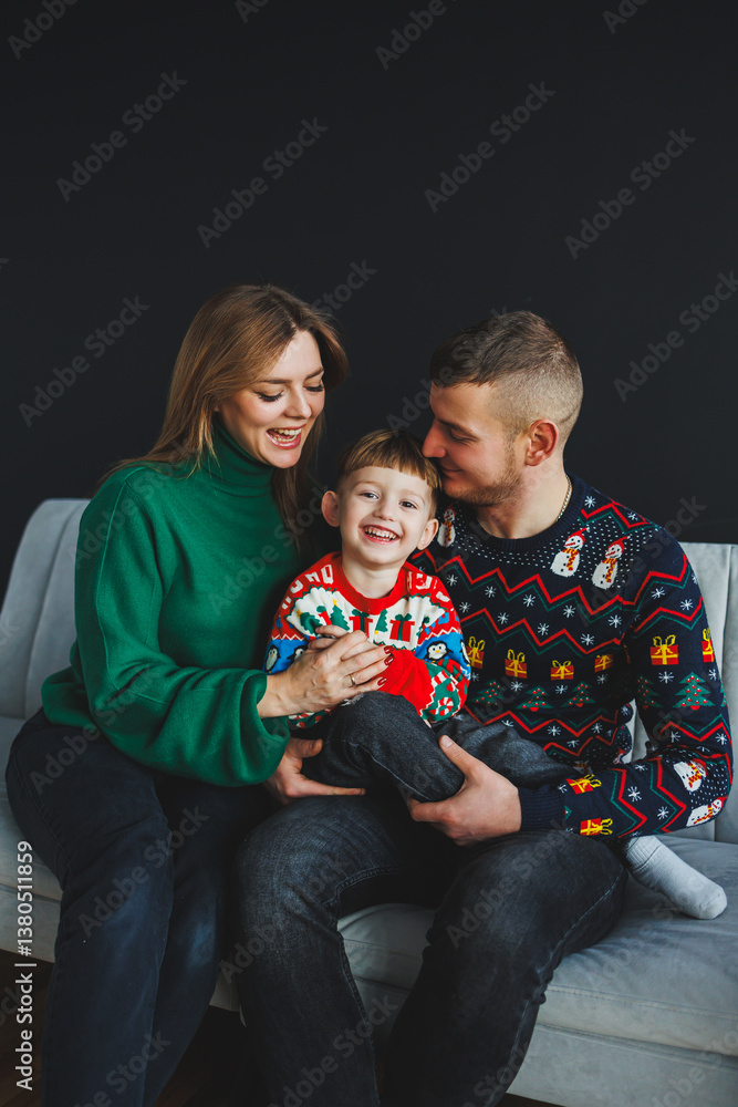 Heartwarming Family Moments A Joyful Holiday Portrait in Colorful Sweaters, Reflecting the Genuine Affection and Happiness Shared Among Loved Ones During This Special Festive Season at Home Together