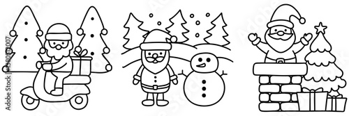 festive illustration featuring Santa Claus delivering gifts, cheerful snowman, and Santa by chimney, evoking holiday joy
