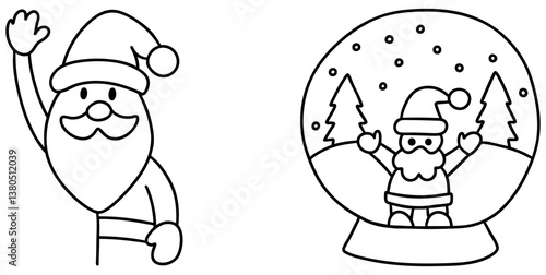 Santa Claus waving cheerfully next to snow globe featuring festive scene with miniature Santa inside