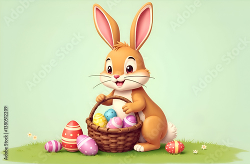 Easter holiday, hare with a basket of Easter eggs, Easter bunny and eggs. Illustration