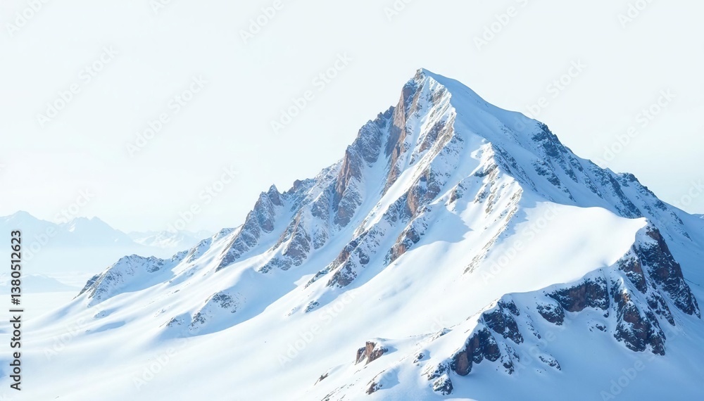 Snow-covered mountain peak, stark white landscape, bright, winter