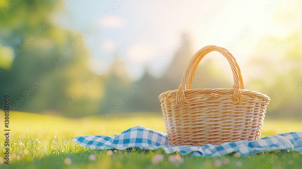 A wicker picnic basket sits on a blue checkered blanket in a sunlit grassy field, evoking a serene outdoor atmosphere. A wicker picnic basket sits on a blue checkered blanket in a sunlit grassy field, evoking a serene outdoor atmosphere.