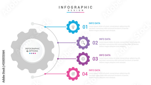 infographic 4 point stage template with gear shape on half circle direction vertical direction for slide presentation vector