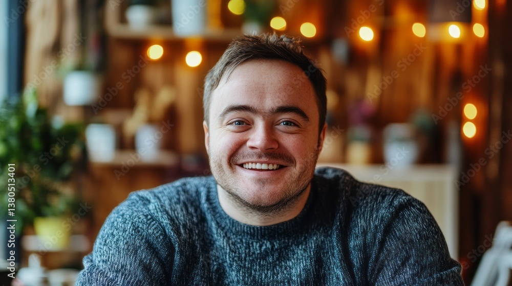 Fototapeta premium A young man beams with joy while seated comfortably in a charming cafe adorned with soft lights. The inviting atmosphere enhances the cheerful moment shared with friends