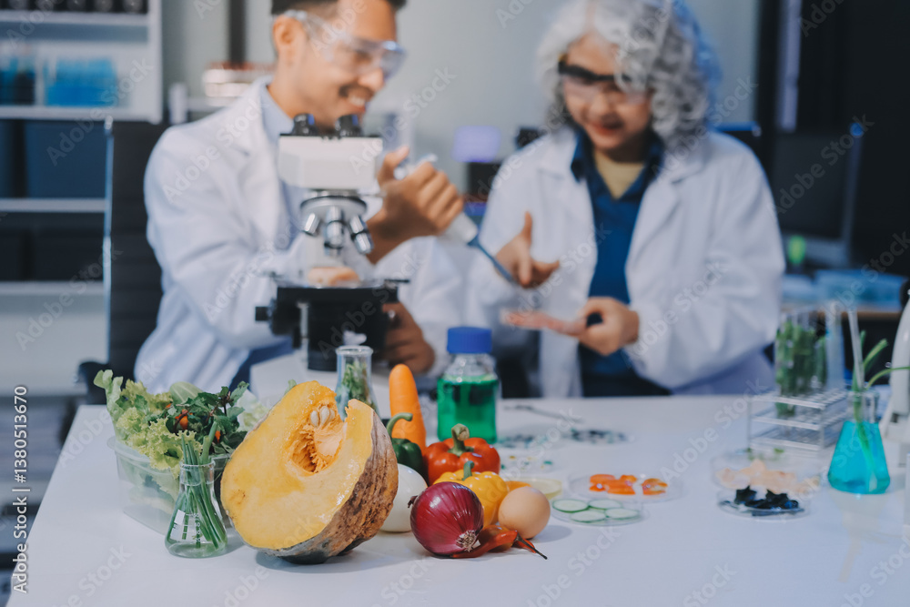 Team Asian scientists in a lab conducting food research using a microscope and lab equipment, showcasing innovation in food science and biotechnology Team Asian scientists in a lab conducting food research using a microscope and lab equipment, showcasing innovation in food science and biotechnology