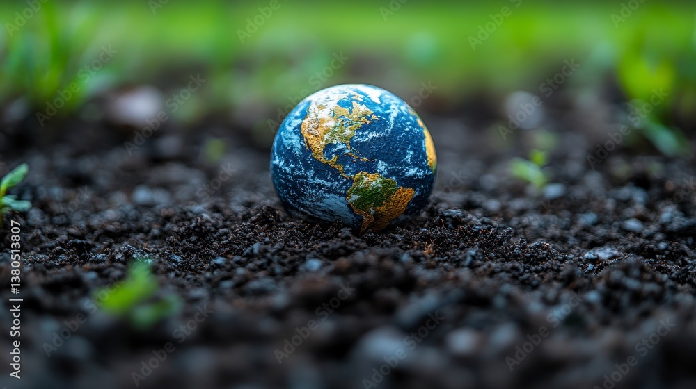 Earth globe rests on dark soil among seedling sprouts, focus on Western Hemisphere Earth globe rests on dark soil among seedling sprouts, focus on Western Hemisphere