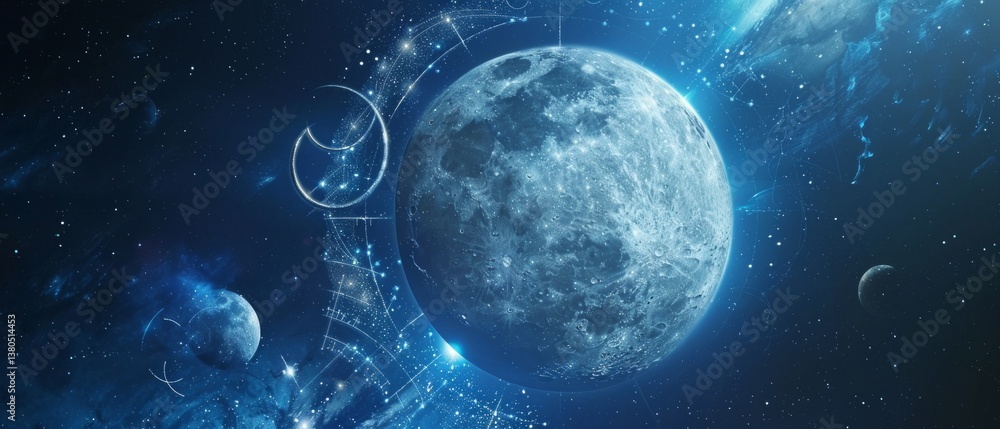 Cosmic scene with planets and stars surrounded by magical symbols. Suitable for science and fantasy projects. Cosmic scene with planets and stars surrounded by magical symbols. Suitable for science and fantasy projects.