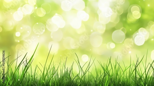 Vibrant green grass fills the foreground, illuminated by gentle sunlight. A dreamy bokeh effect enhances the tranquil outdoor setting, evoking a sense of calm and nature's beauty