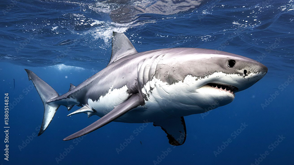 Fototapeta premium A shark underwater. Great White Shark in blue ocean.