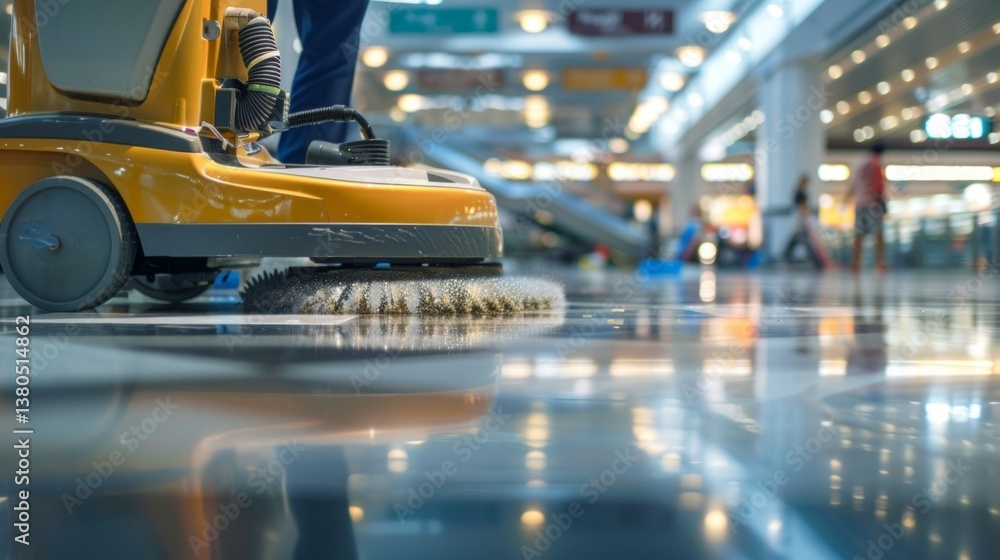 Fototapeta premium Bright shot of airport floor cleaning, emphasizing cleanliness and professionalism. Suitable for advertising cleaning services, presentations about cleanliness in public places.
