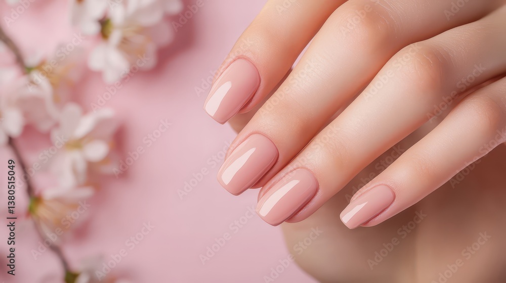 A hand with neatly manicured nails painted in soft pink polish rests against a pastel background adorned with blooming flowers, exuding a fresh spring vibe A hand with neatly manicured nails painted in soft pink polish rests against a pastel background adorned with blooming flowers, exuding a fresh spring vibe