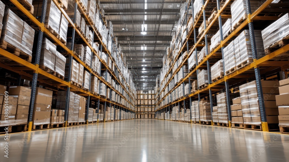 In a spacious warehouse, tall shelving units hold stacks of cardboard boxes arranged in order. Bright lights illuminate the clean floor, creating a productive environment for storage In a spacious warehouse, tall shelving units hold stacks of cardboard boxes arranged in order. Bright lights illuminate the clean floor, creating a productive environment for storage