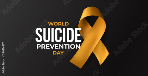 Orange ribbon with World Suicide Prevention Day title on black background. Emotional call for mental health, hope, support. Realistic glossy 3D vector illustration