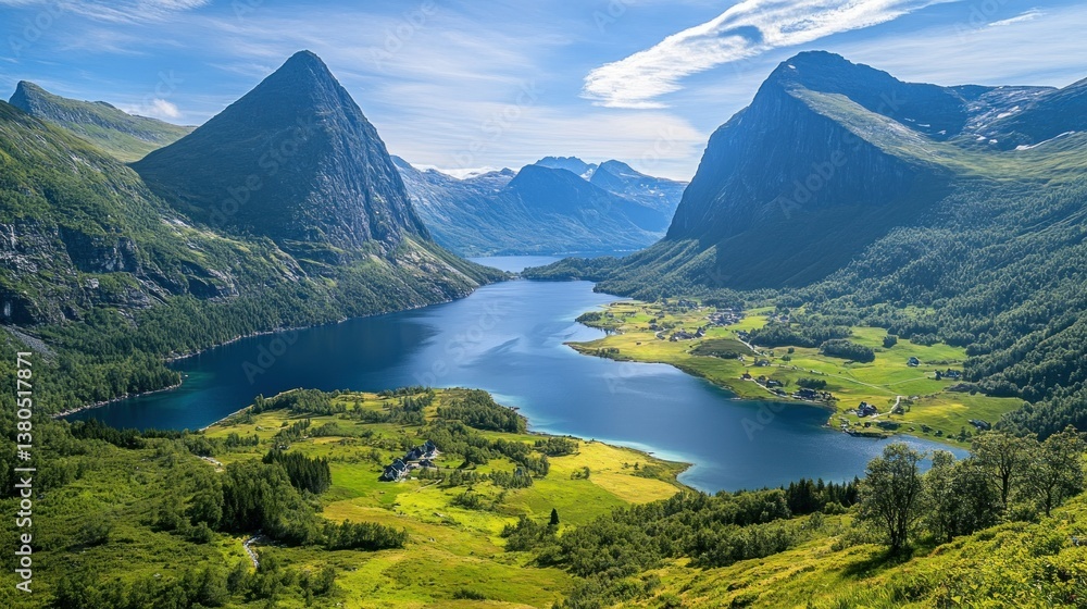Fototapeta premium Majestic mountain peaks surround a tranquil lake under a blue sky