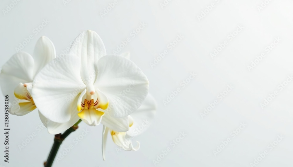 Delicate white orchid blossom against pure white backdrop, detail, art Delicate white orchid blossom against pure white backdrop, detail, art