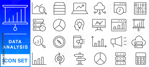 Data analysis line icon set. Editable stroke. Containing as big data, data mining, algorithm, analytics, machine learning, ai, science, warehouse, database, dataset and more.
