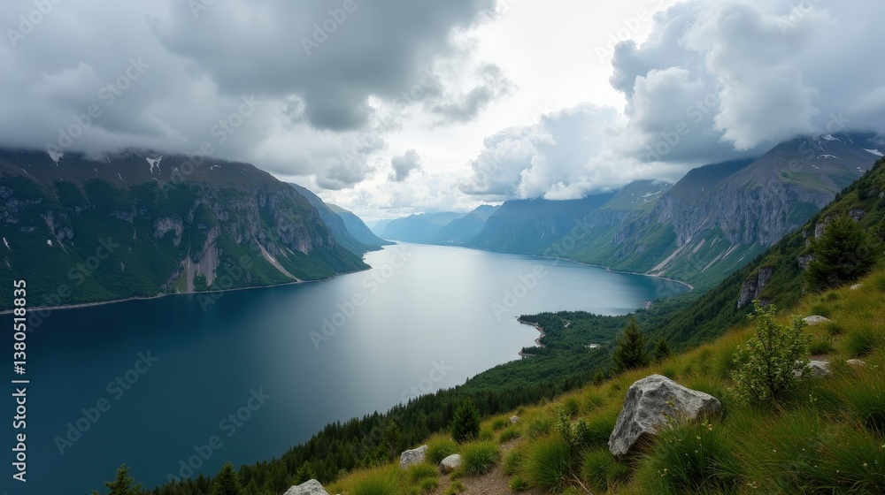 Cloudy Lovatnet lake in Norway during midday, captured from above with calm waters and lush green surroundings. Cloudy Lovatnet lake in Norway during midday, captured from above with calm waters and lush green surroundings.
