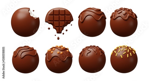 Assorted Chocolate Truffles and Bar with Decorations on White Background