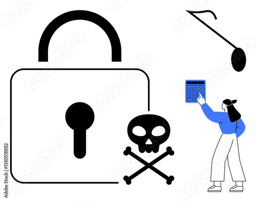 Padlock and skull-crossbones highlight risks, fishing hook suggests phishing scams, person using calculator evokes problem-solving. Ideal for cybersecurity, fraud prevention, risk management