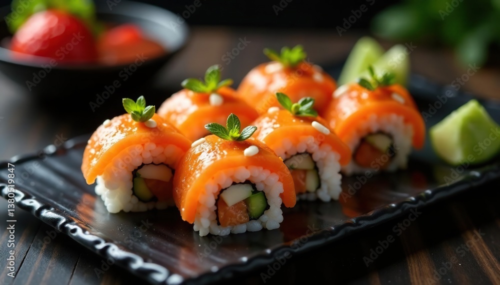 Elegant sushi arrangement, minimalist setting, roll, appetizing Elegant sushi arrangement, minimalist setting, roll, appetizing
