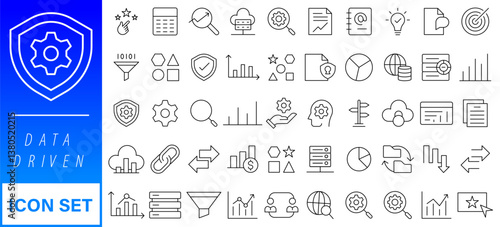 A set of line icons related to Data Analysis. Data, digital, graph, analyze, surplus, growth, research, loss, business, security, and so on. Vector editable stroke.