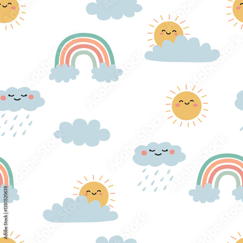 Boho kids seamless pattern with funny weather elements. Sun, rainbow, clouds and rain clouds in Scandinavian style. For fabric design, wallpaper, nursery or baby clothes. Vector illustration.