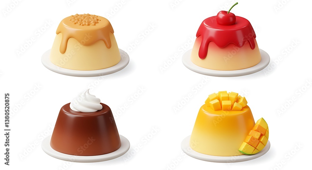 Assorted Pudding Desserts with Toppings on Plates Isolated Assorted Pudding Desserts with Toppings on Plates Isolated
