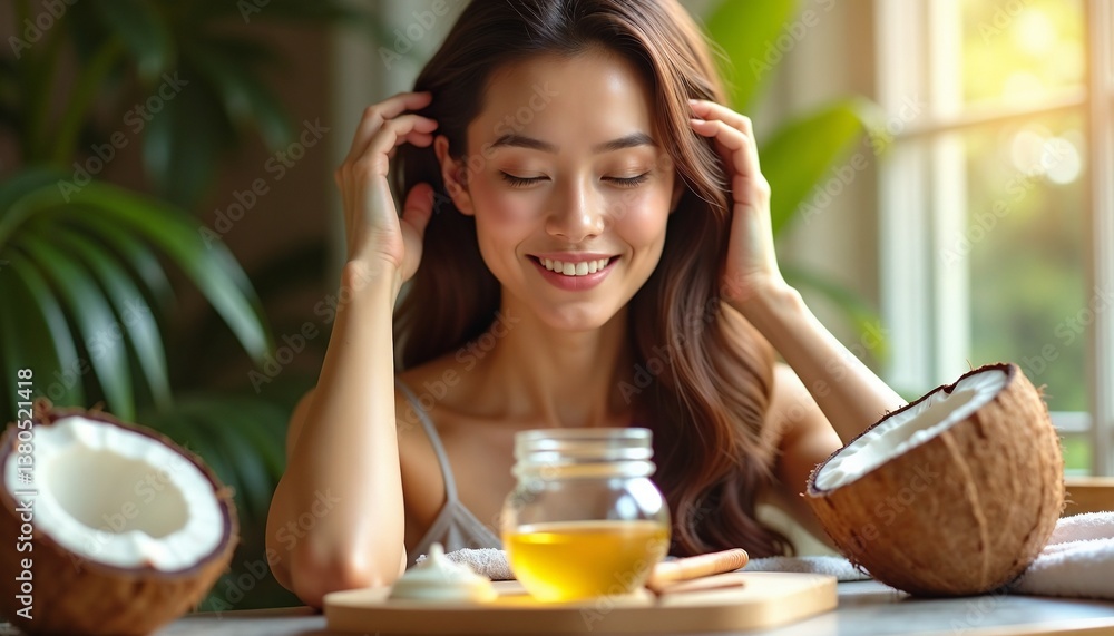Smiling woman enjoying natural ingredients in a bright kitchen with coconuts and honey Smiling woman enjoying natural ingredients in a bright kitchen with coconuts and honey