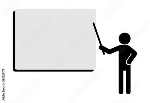 Stick man figure poses presentation by pointing stick on a blank page. Simple copy space template for banner and text. 