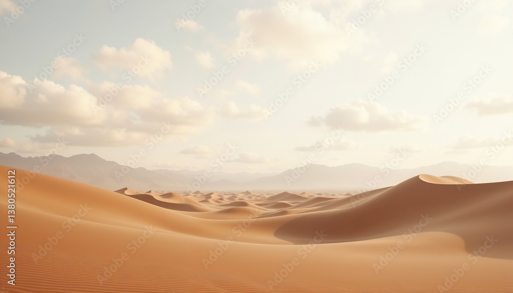 Expansive desert landscape with gentle dunes and soft clouds under sunlight Expansive desert landscape with gentle dunes and soft clouds under sunlight
