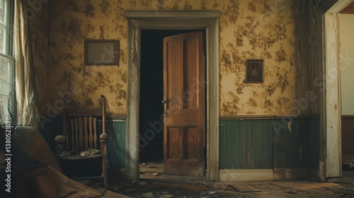 Inside an old house, peeling wallpaper reveals the age of the space. A wooden rocking chair sits near an open door, leading into shadowed darkness. Dust covers the floor and furniture