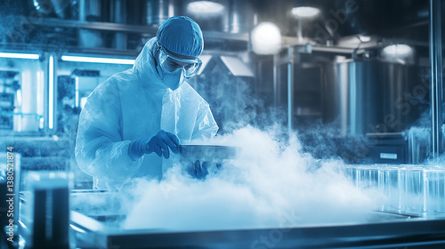 Cryogenics lab technician working with liquid nitrogen