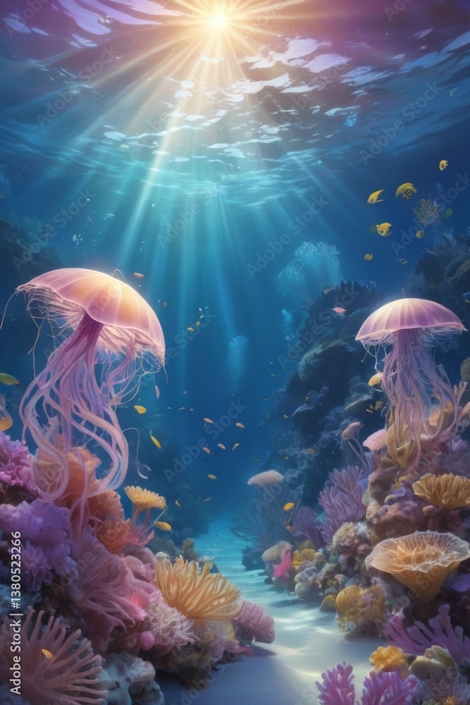 Obraz premium beautiful underwater world, jellyfish with tentacles, blue water, corals,