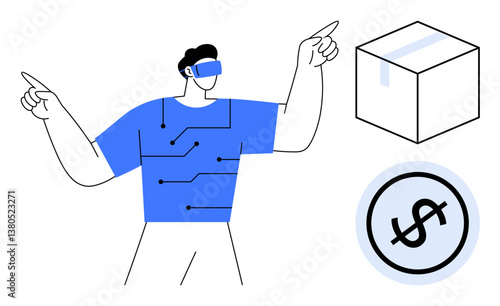 Person wearing VR headset and tech-patterned shirt gestures, surrounded by package box and money icon. Ideal for virtual reality, e-commerce, finance, innovation, logistics, tech advancement, digital