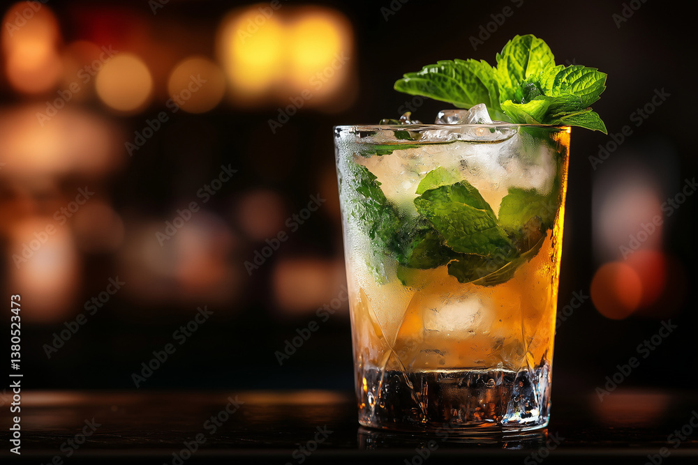 Refreshing Mint Julep Cocktail with Ice on Bar Counter Refreshing Mint Julep Cocktail with Ice on Bar Counter