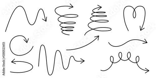 St of spiral arrows in comic cartoon style. Kawaii vector squiggly loops with pointer. Wavy doodle lines. Isolated vector signs.