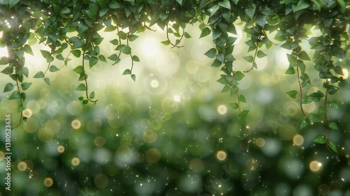 Serene foliage canopy footage with bokeh lights, enchanting green nature stock video for fairy tale backgrounds, fantasy scenes, peaceful visuals and copy space.