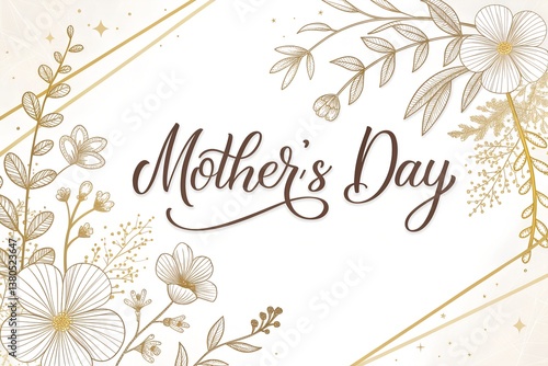 Elegant Happy Mother's Day Calligraphy with Golden Floral Line Art – Luxury Greeting Design