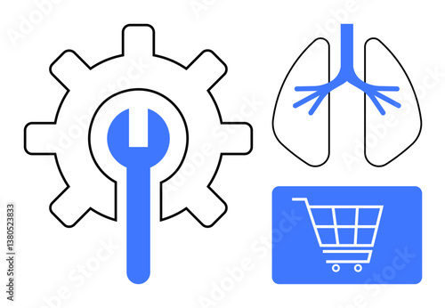 Gear and wrench symbolize repair and industry, lungs diagram emphasizes health, shopping cart implies commerce. Ideal for engineering, medicine, retail, innovation, technology, economy flat simple