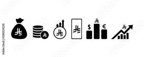 Saudi riyal currency symbol finance icons. money signs. Money silhouette collection. Financial chart icon. Coins silhouette icon. Growth chart. Moneybag or stash, flat icon vector set