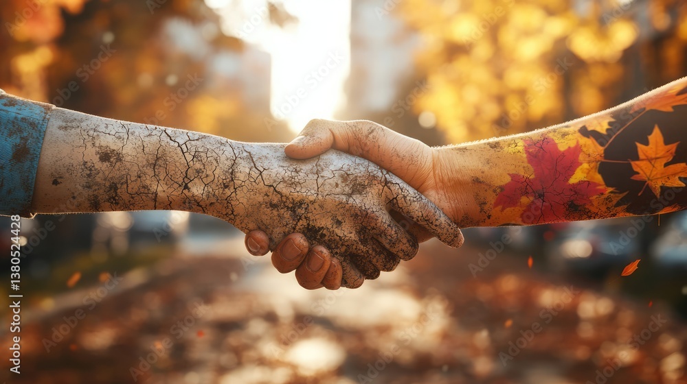 Two hands with cracked, colorful textures shaking hands in the foreground Two hands with cracked, colorful textures shaking hands in the foreground