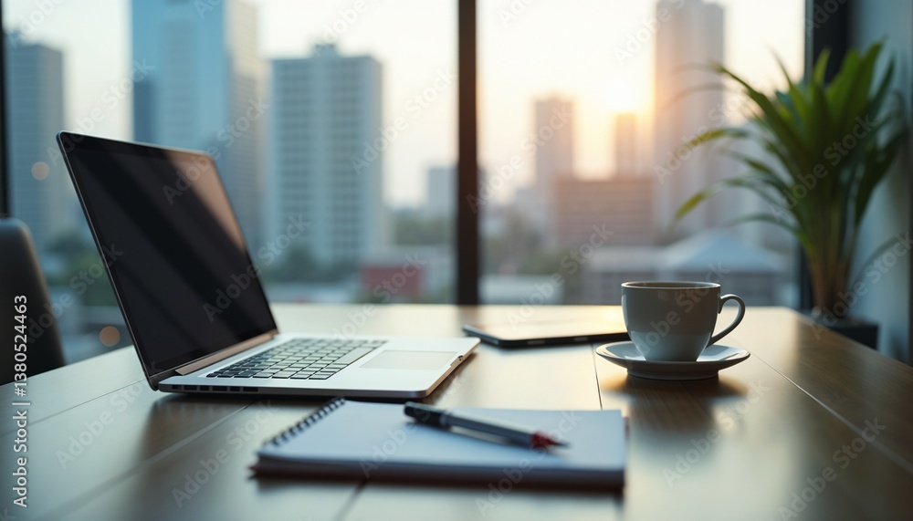 Modern workspace with laptop and coffee against city skyline Modern workspace with laptop and coffee against city skyline