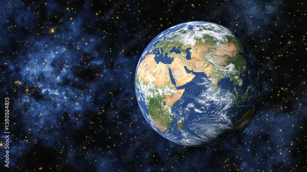 Obraz premium A view of Earth from space highlights the continents and oceans against a backdrop of stars. This breathtaking perspective captures the planet's beauty and vastness in the cosmos