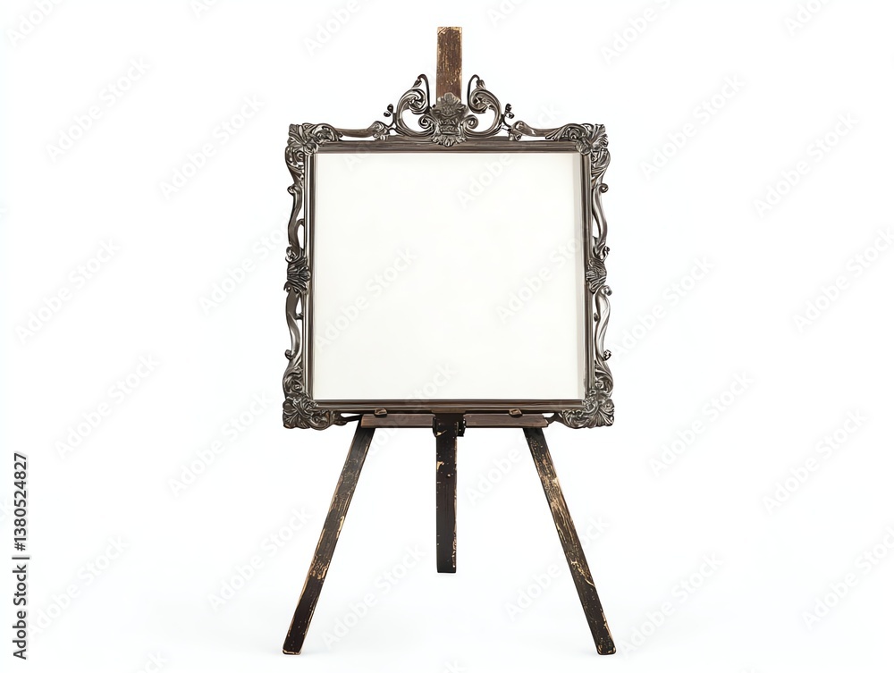 Elegant Frame on Wooden Easel Isolated Against White Backdrop Elegant Frame on Wooden Easel Isolated Against White Backdrop