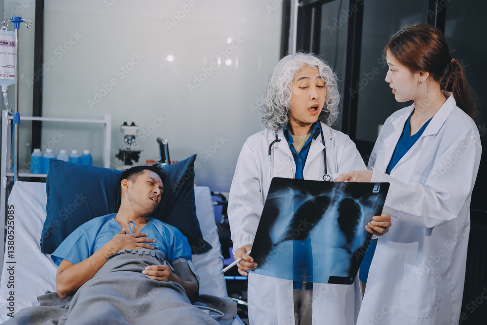 Obraz premium Nurse giving assistance to senior patient with disease in bed. Medical assistant and doctor doing healthcare checkup for pensioner with oxygen tube and IV drip bag in hospital ward.