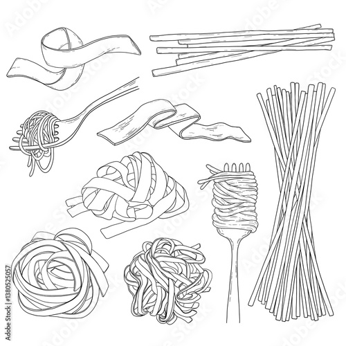 Hand drawn pasta set. Vintage spaghetti line art illustration